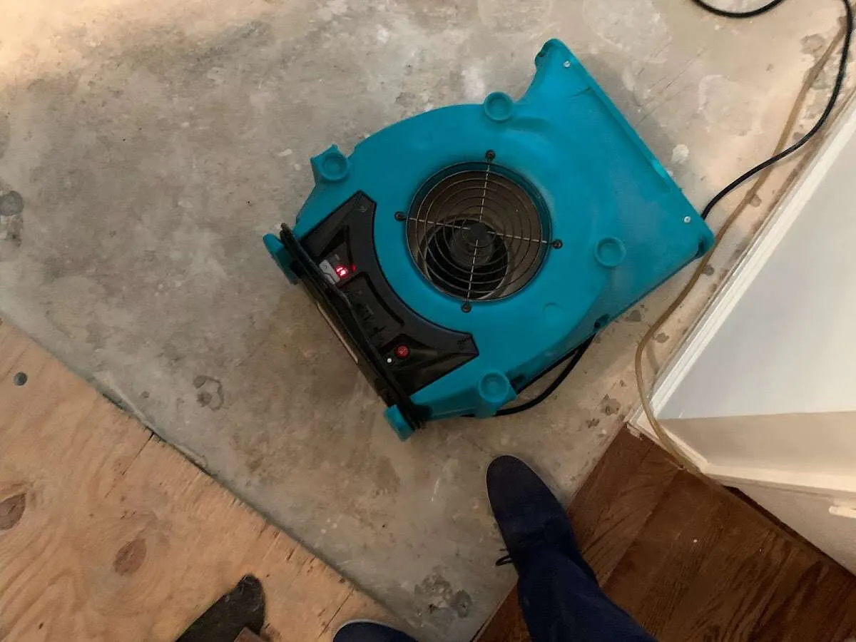 Air mover drying subfloor during Commercial Water Damage Restoration in Haiku-Pauwela